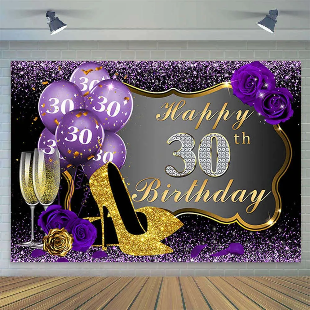 

30th Birthday Party Decoration Banner Backdrop Purple Gold Champagne Glass Heels for Woman Thirty 40 Years Old Background Custom