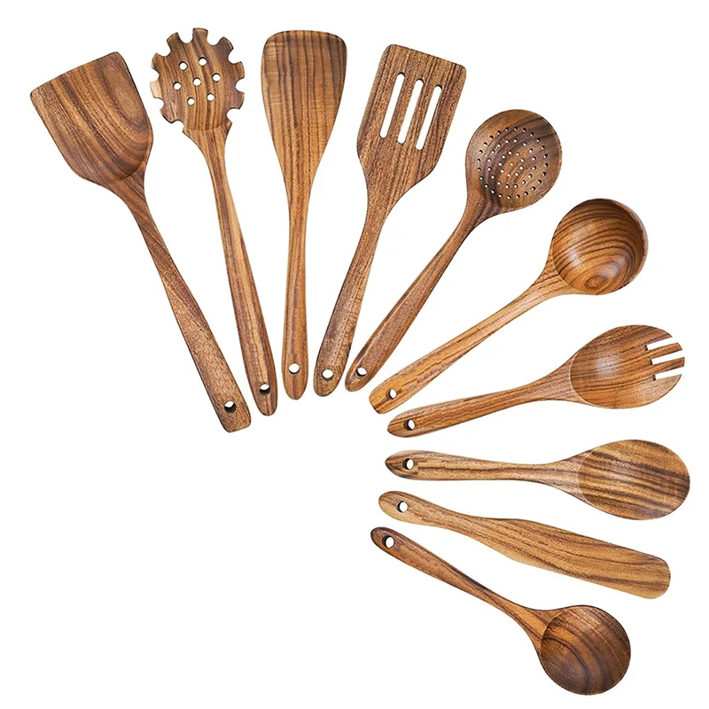 spatulaWooden Cooking Utensils, Kitchen Utensils Set with Teak Wood Spoons and Wooden Spatula for Cooking