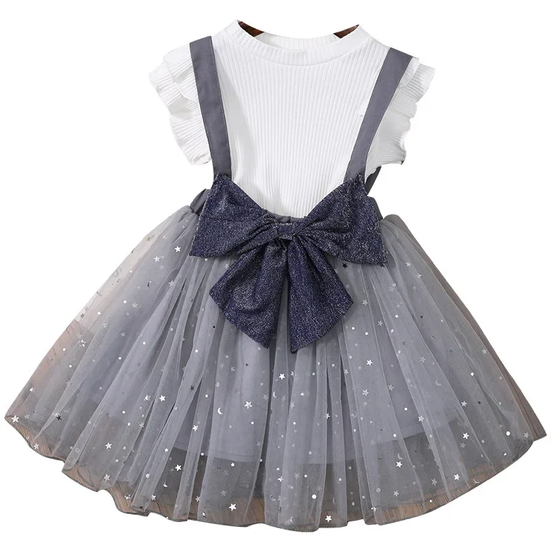 2023 Summer Children  Girl Clothes Suit, Sleeveless Vest Top Bowknot Star Mesh Skirt 2pcs Clothing Sets