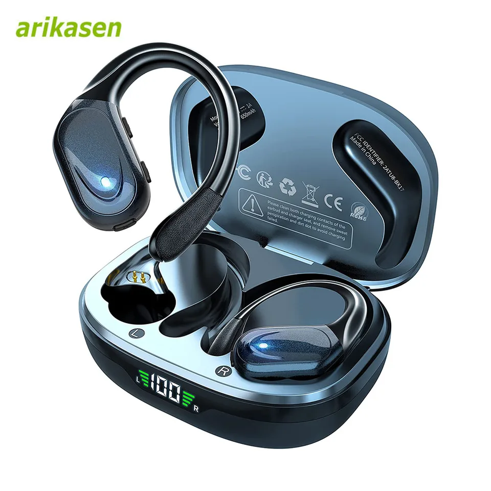 무선 이어버드 스포츠 블루투스 5.3 헤드폰, 소음 차단 마이크 75H HiFi 스테레오 오버 이어 버드 LED 디스플레이 USB-C IPX6