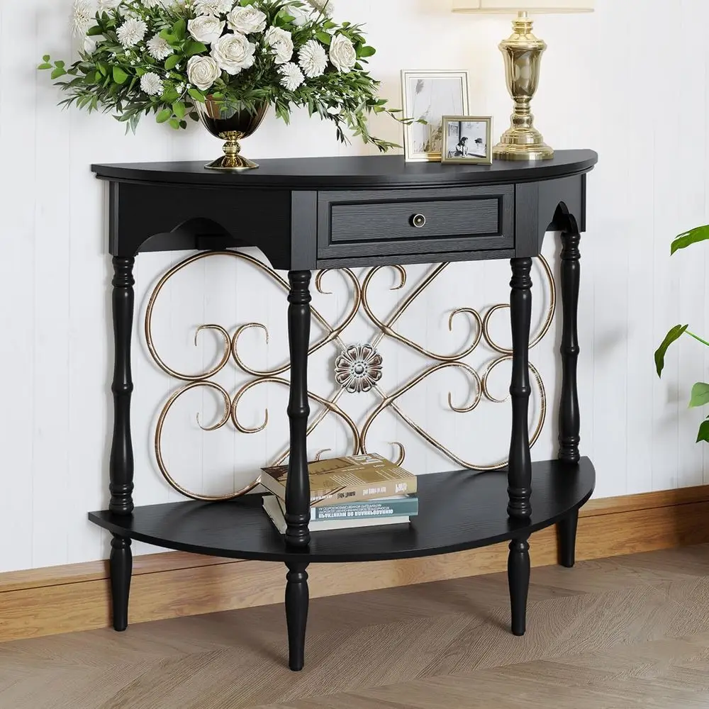 

Vintage Wood and Wrought Iron Accent Table for Entryway, Living Room, or Hallway in Black