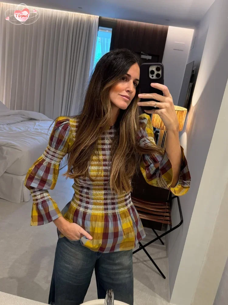 Casual Plaid Print Ruffle Hem Blouse For Women Fashion Puff Sleeve O-neck Loose Shirt 2025 Spring Female Loose High Street Tops