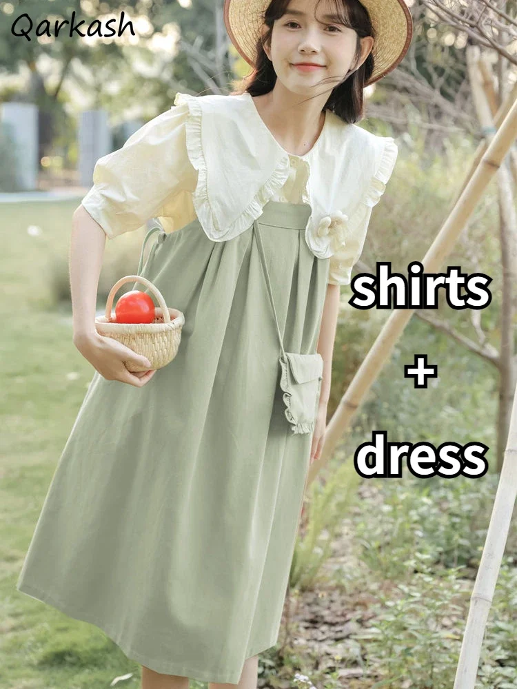 

Женские комплекты из 2 предметов, летние рубашки с воротником «Питер Пэн», платья длиной до колена со складками, стиль Mori Girl, темперамент, модная одежда Ulzzang