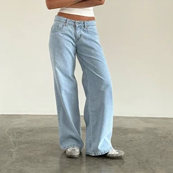 y2k Vintage Women Jeans Low Waist Zipper Button Solid Trousers with Pockets Aesthetic Streetwear Distressed Mom Jeans