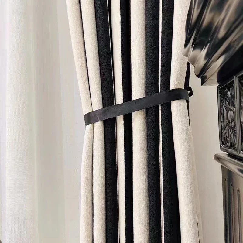 Chenille Jacquard Splicing Curtains Vertical Striped Black and White High-end Art Living Room Small Fragrant Shading Curtains