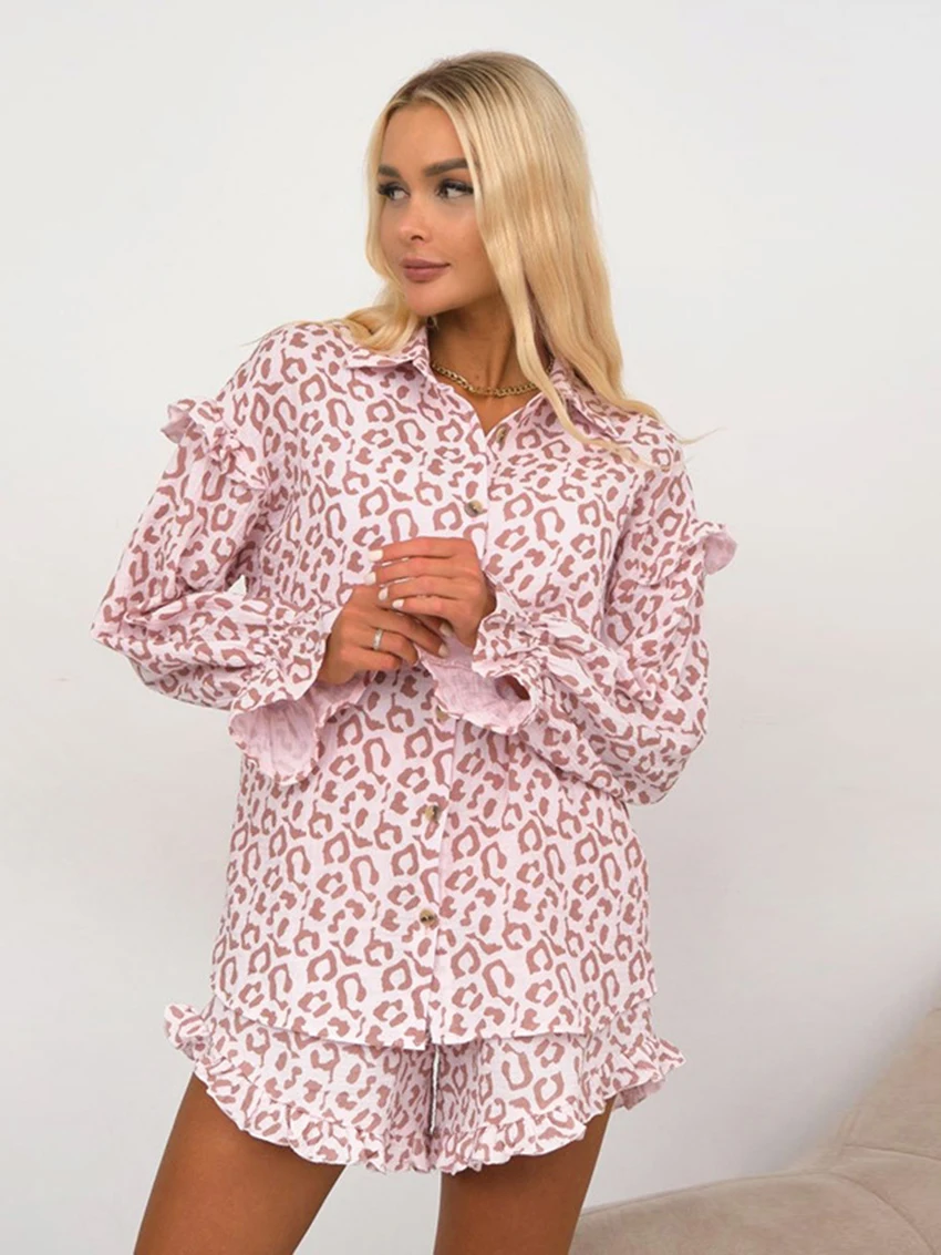 Marthaqiqi Leopard Print Female Sleepwear Set Turn-Down Collar Pajama Long Sleeve Nightwear Shorts Causal Home Clothes For Women