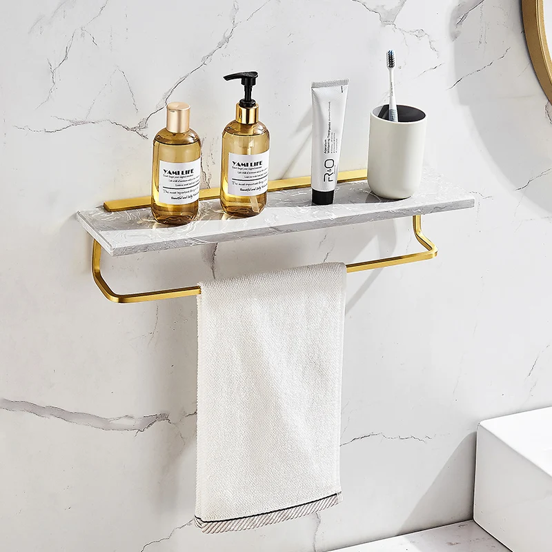 Nordic light luxury marble bathroom shelf wall bathroom mirror front cosmetics storage rack towel rack gold