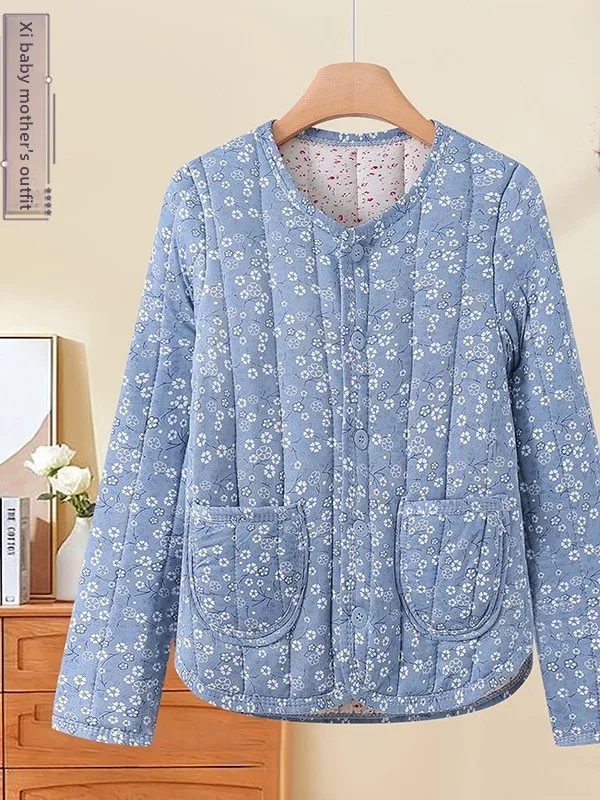 

Новое женское хлопковое пальто с цветочным принтом, теплое, для среднего и старшего возраста, с длинными рукавами, круглым вырезом, на одной пуговице, модель 2025 года