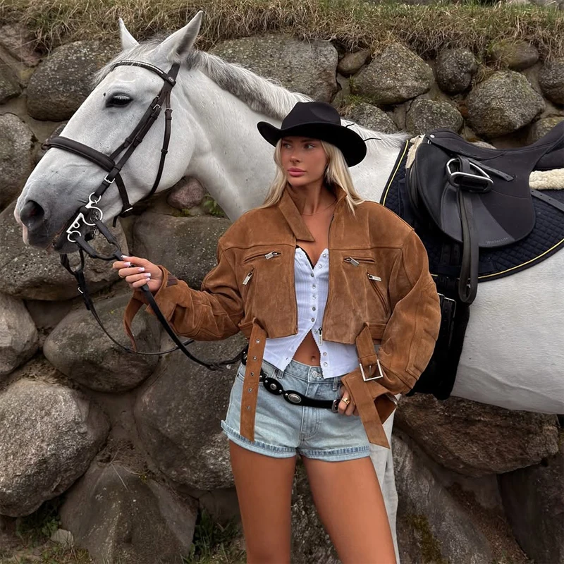 Damen Elastische Wildlederjacke mit Kordelzug in Braun, Modische Jacke mit Langen Ärmeln und Stehkragen, Locker Geschnittener Mantel für Frühling, Alltag und Streetwear 2026 – Detail 15
