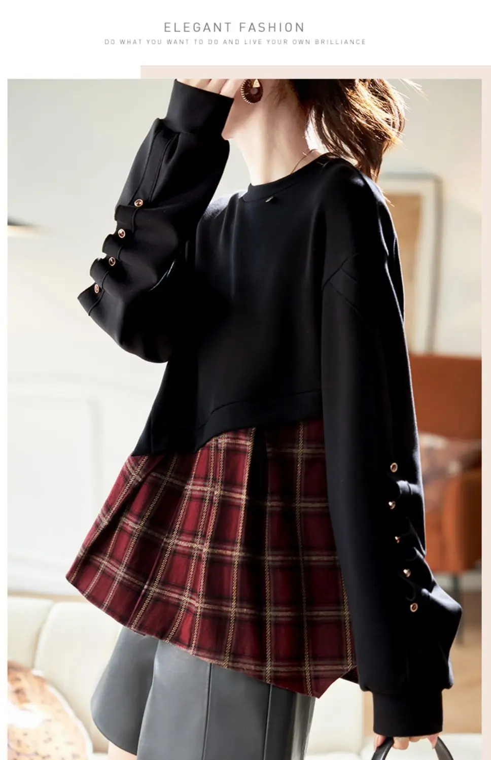 Fashion Round Neck Plaid Splicing Fake Two-piece Sweatshirt 2025 Autumn Pullover New Top