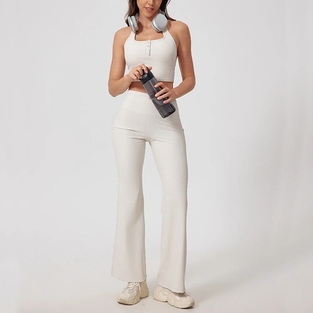 

2PCS Ribbed Flare Pant Yoga Set Women Button Bra Sportswear Running Fitness Gym Workout Clothes High Waist ActiveWear XP102