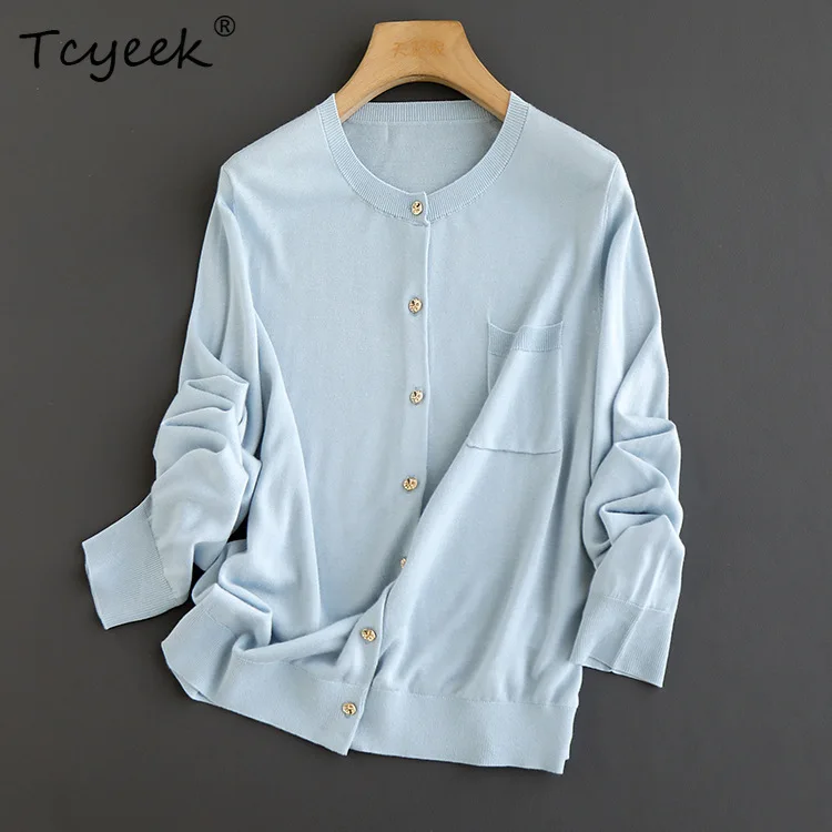 

Tcyeek, 6%Natural Silk Air-conditioning Cardigans, Women Pocket, Elegant Antibacterial Knit Jackets, Summer Fall New C47077QM