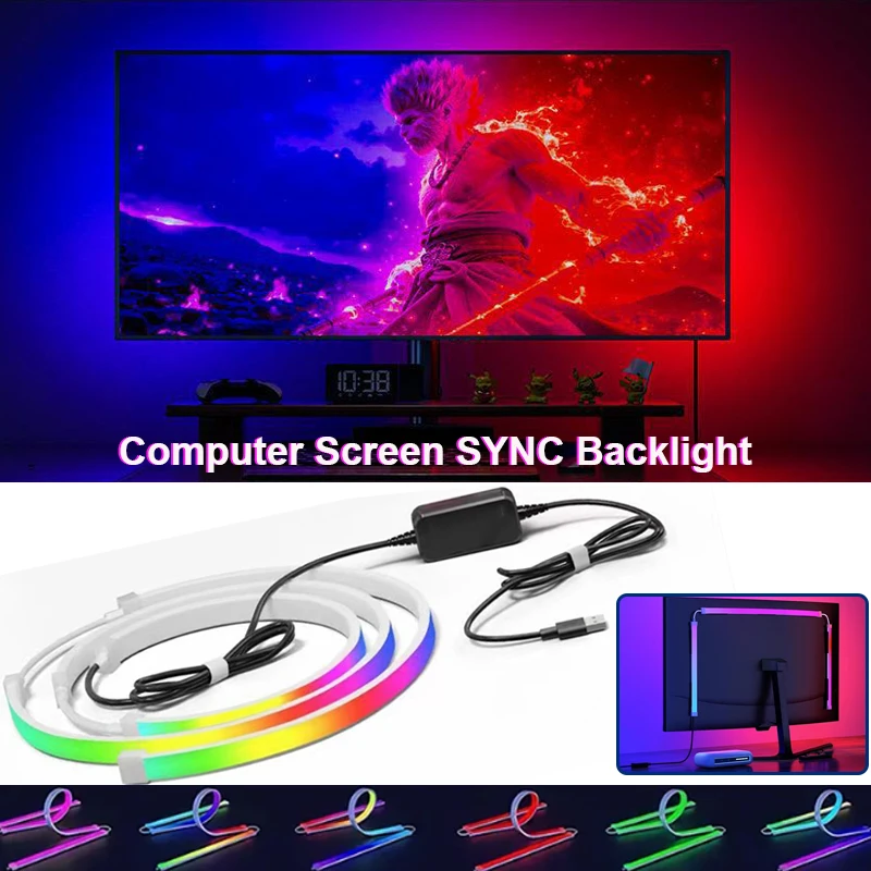 Smart Gaming Computer Monitor Screen SYNC Light Strip PC Backlight RGBIC Neon Lamp with Software Control Music SYNC Color Picker