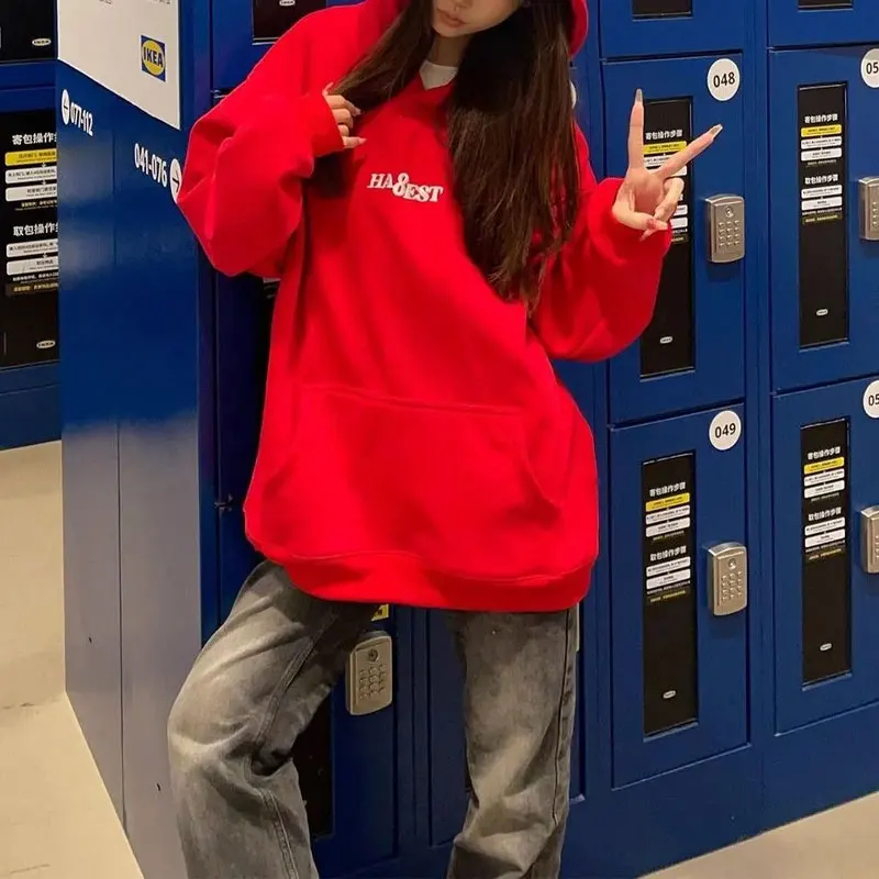 

Autumn Winter Fleece Letter Embroidery Sweatshirts American Vintage Hooded Women's Clothing Loose Fashion Long Sleeve Hoodies