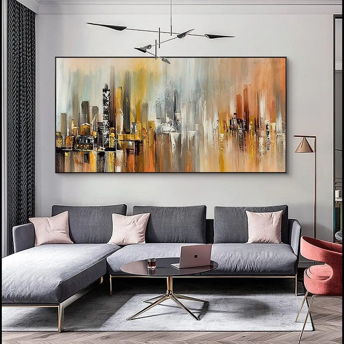 Large Abstract Cityscape Oil Painting, Handmade Canvas Wall Art, Modern Urban Decor, Orange Brush Stroke Architectural Artwork