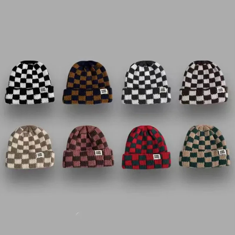 Fashion Plaid Knitted Beanies Hats Winter Skullies Warm Hat Extra Large Head Circumference Checkerboard Casual Beanie Caps