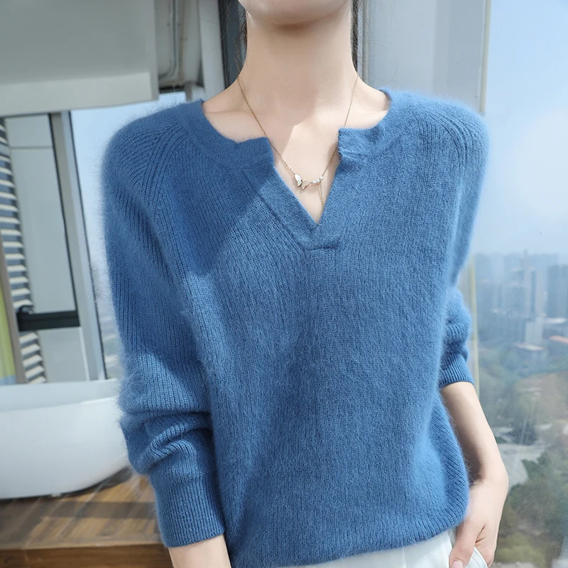 Women\'s 100% mink cashmere Sweater, V-neck Pullover, Solid Color Knitted, Full Sleeve, New Product, Fashion O-neck sweater