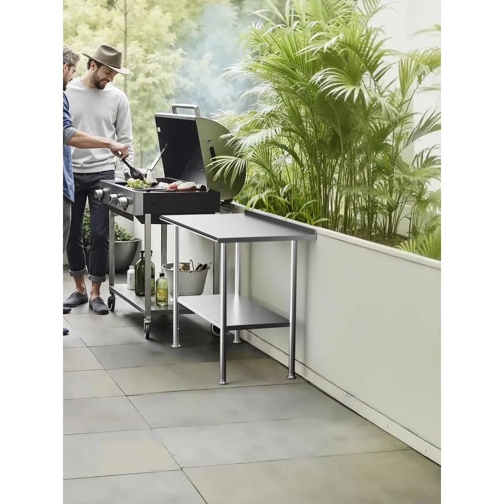 All-Stainless Steel Prep Table, 24 X 48 Inches, with Rounded-Corner Backsplash and Adjustable Undershelf, Heavy-Duty