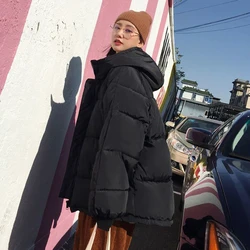 Black Down Cotton Jacket Women's Winter 2024 New Solid Bread Top Parkas Korean Hooded Zipper Coat Lady Windproof Casual Outwear