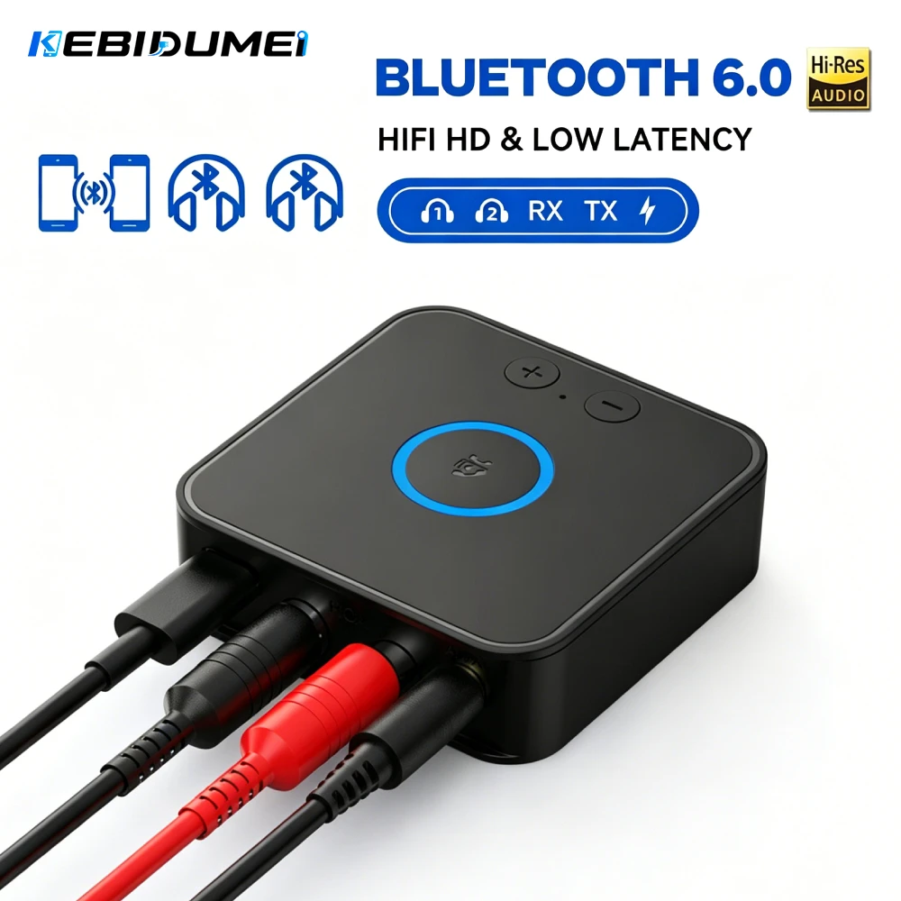 KEBIDUMEI Bluetooth 6.0 Audio Receiver Transmitter Dual Stream Hi-Fi 3.5mm Jack 2RCA Music Wireless Adapter For Car Speaker PC