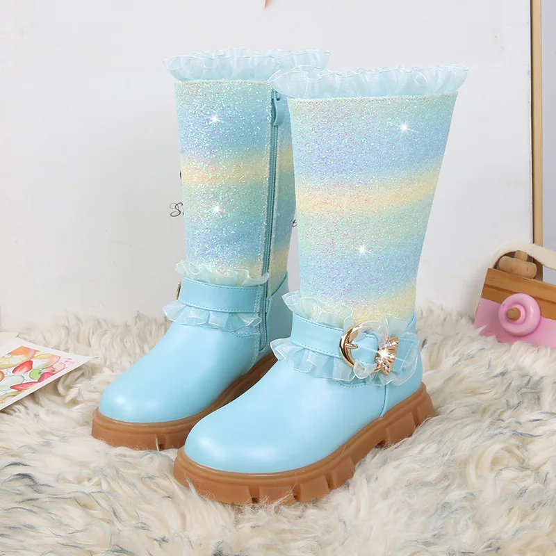 Children Knee-high Boots Girls Simple Classic Fashion Rainbow Kids Leather Boots Side Zipper Winter Rubber Anti-slip High Boots