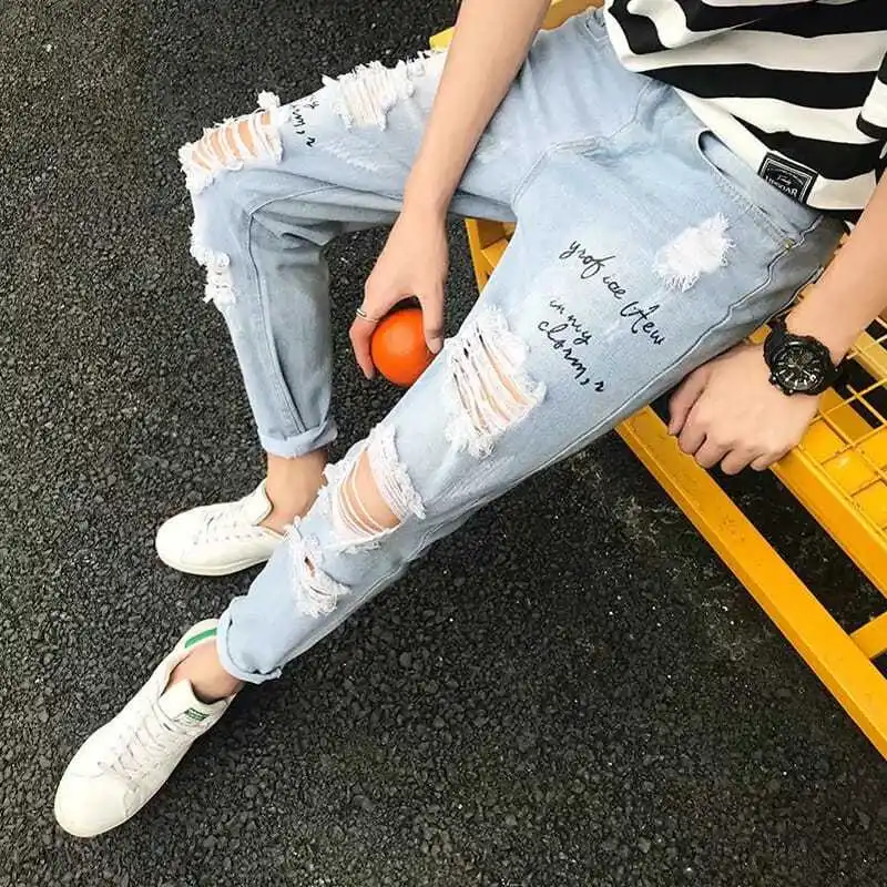 Mens Clothes Summer Korean Trendy Versatile Nine-point Jeans Light Blue Boys Cat Whisker Ripped Beggar Designer Cargo Pants Man