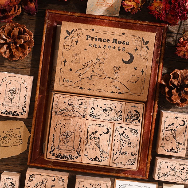 Little Prince and Rose Rubber Stamp Set for Scrapbooking Card Making Journaling Hobbies Craft Supplies Vintage Wooden Sealing