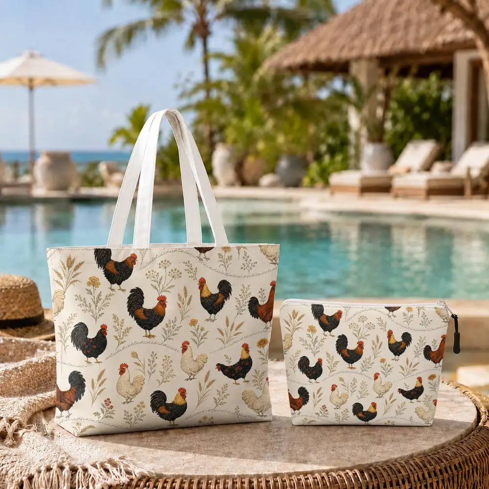 Chicken Mushroom Storage Bags 2-Piece Set Double-Sided Print with Zipper Canvas Eco Tote Bag for Beach Travel Picnic