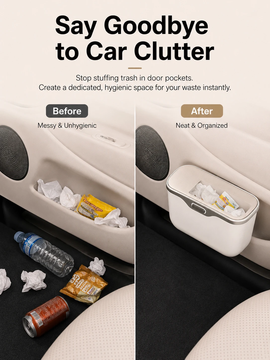 Car Door Trash Can with Lid, Waterproof Leakproof Auto Organizer, Snap-On Car Bin for Seat Back, Universal Vehicle Accessory