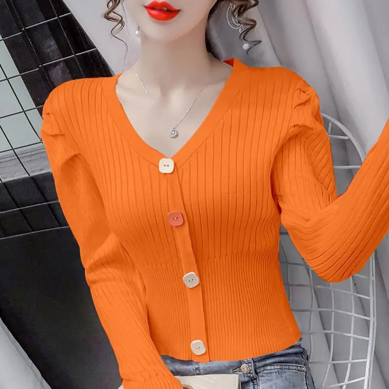 Pullovers Ladies Fashion Buttons Solid Color V-neck Long Sleeve Top Tee Autumn New All-match Pullover Knitting Sweater Women\'s