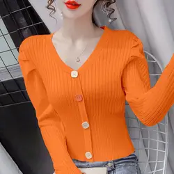 Pullovers Ladies Fashion Buttons Solid Color V-neck Long Sleeve Top Tee Autumn New All-match Pullover Knitting Sweater Women's