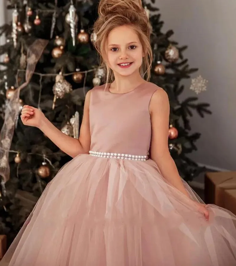 Dusty Rose Tulle Flower Girl Dress Satin Organza Tutu Girl Dress Princess Pageant Gown Girl Birthday Dress Custom Color