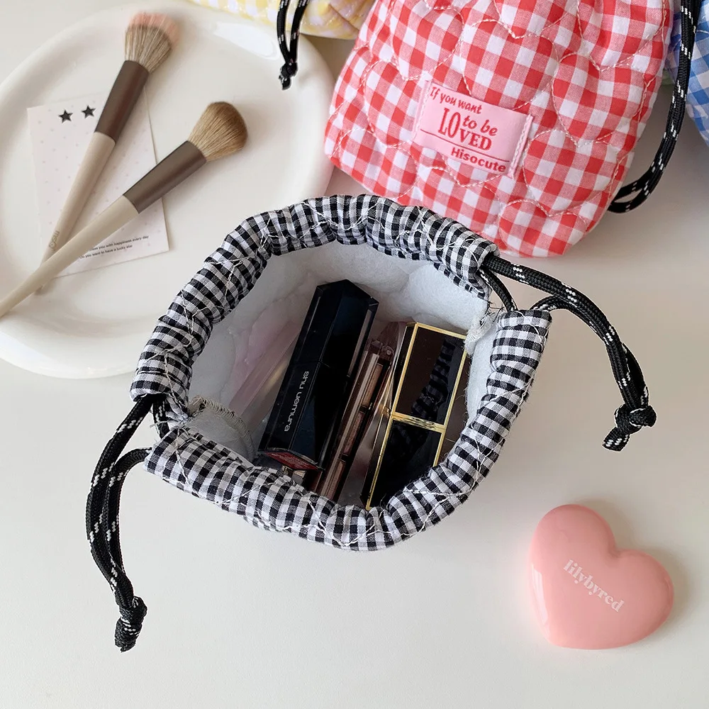 INS Korean Quilted Heart Drawstring Cosmetic Bag, Cute Travel Wash Organizer Bag for Teen Girls Daily Makeup Toiletry Organizer