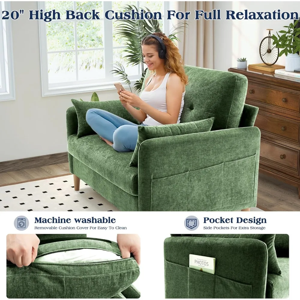 أريكة Loveseat، أريكة صغيرة مقاس 47 بوصة لغرفة المعيشة، مقعد مريح من قماش الشنيل لغرفة النوم مع وسادة رمي