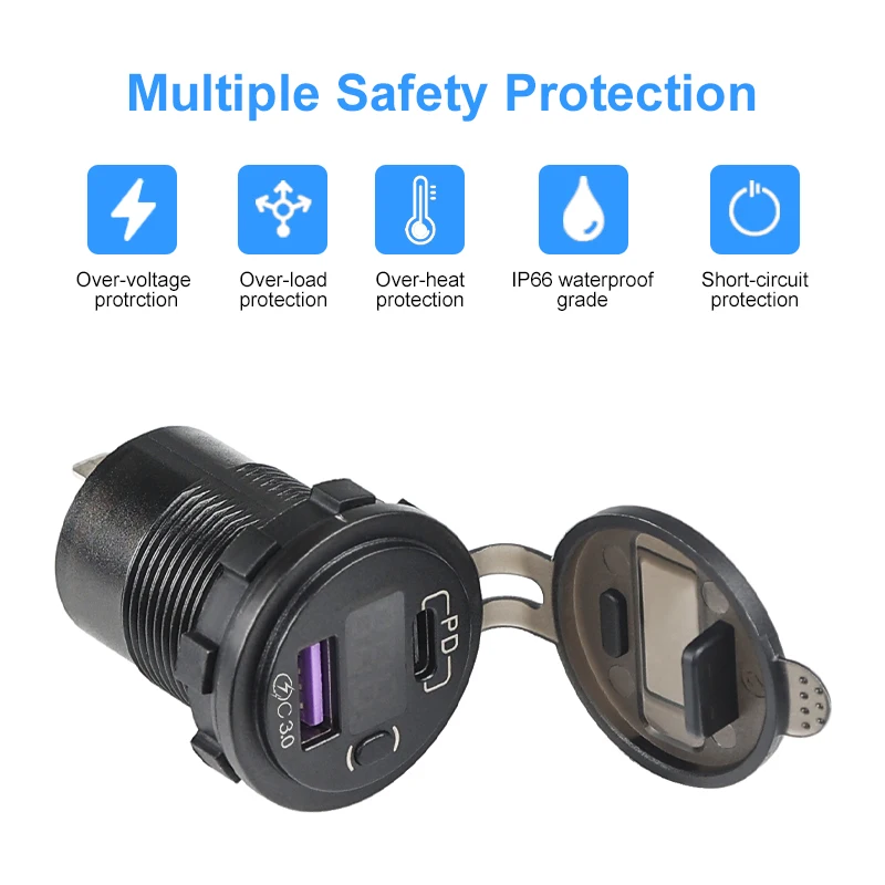 83W PD Car Charger 12V 24V USB Outlet Laptop Motorcycle USB-C PD QC 3.0 USB Port Socket Waterproof with Power Switch For RV Car