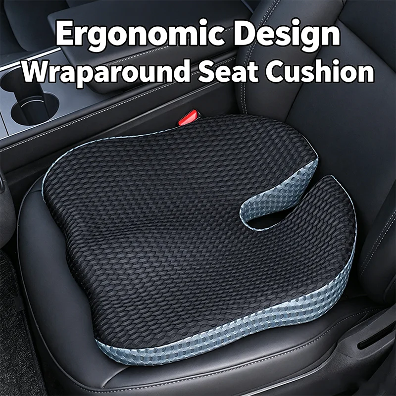 4D Mesh Memory Foam Car Wedge Seat Cushion U Cutout Coccyx Relief Booster Mat Anti-Slip Strap for Driving Office Posture Support