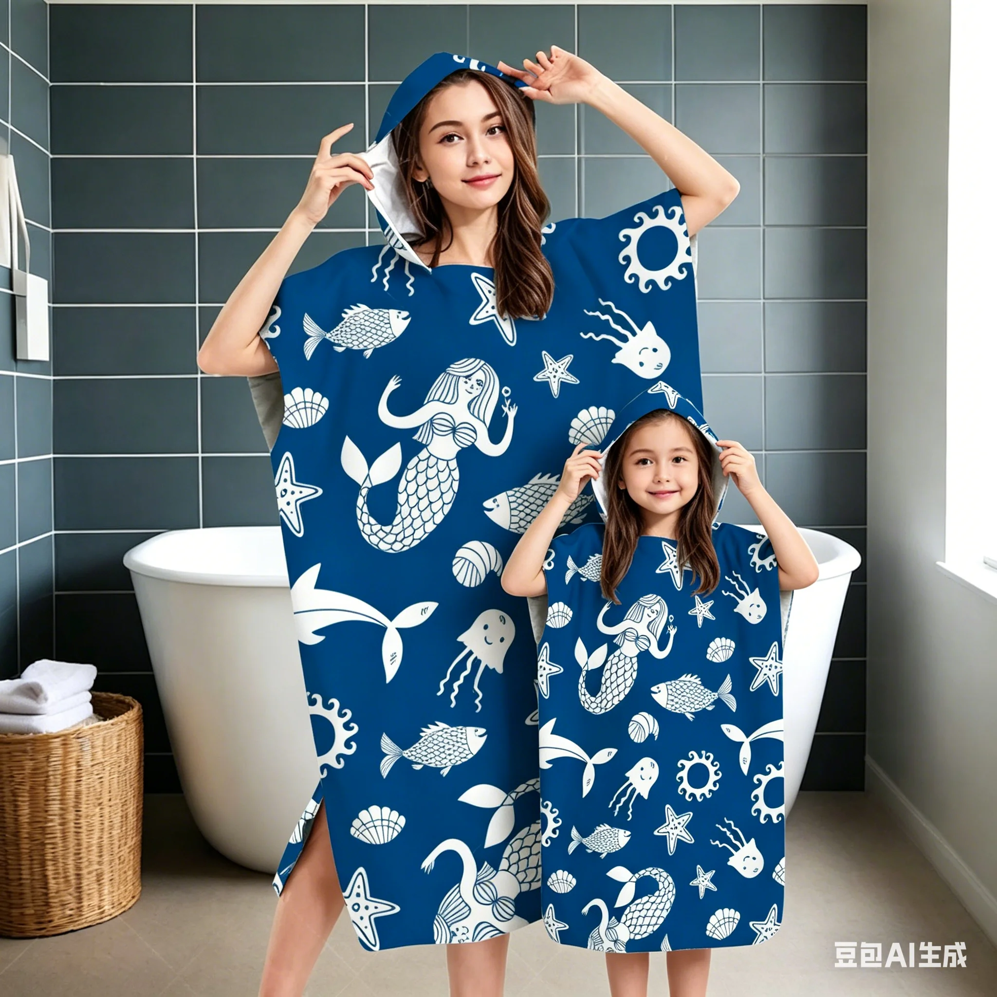 Parent-Child Mermaid Hooded Bathrobe, Quick Dry Wearable Towel Poncho for Beach Swim Pool Bath