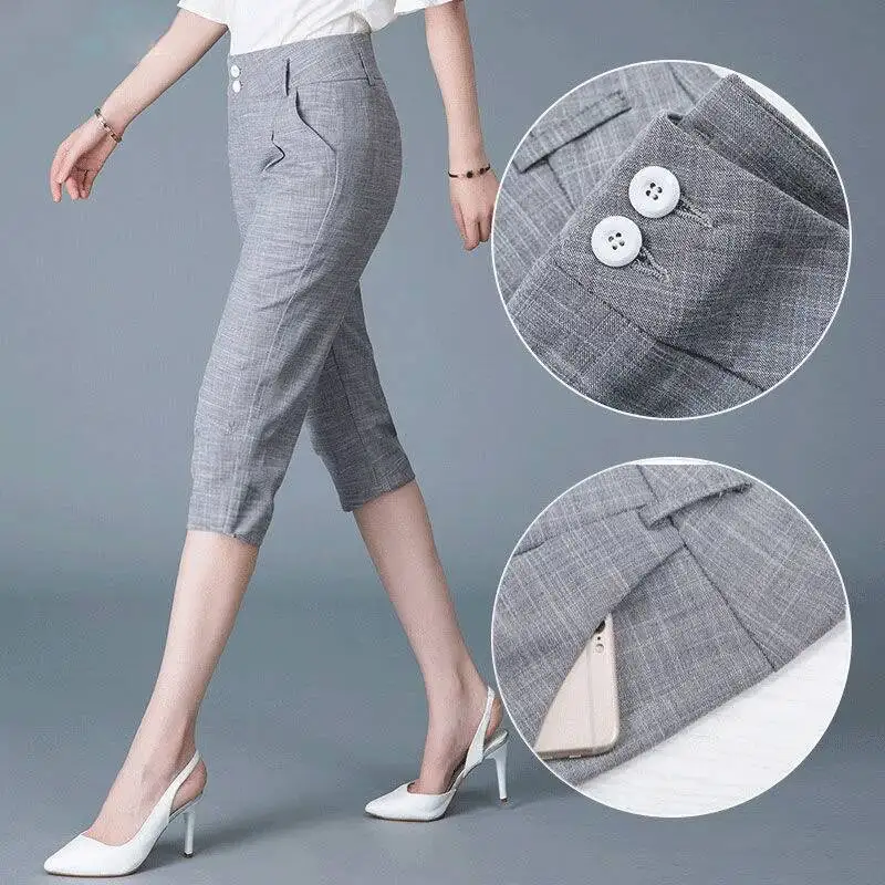 Women Capris Pants Summer 2024 Women's Casual High Waist Cotton Linen Pants Office Lady Harem Calf-Length Pants 3XL Female