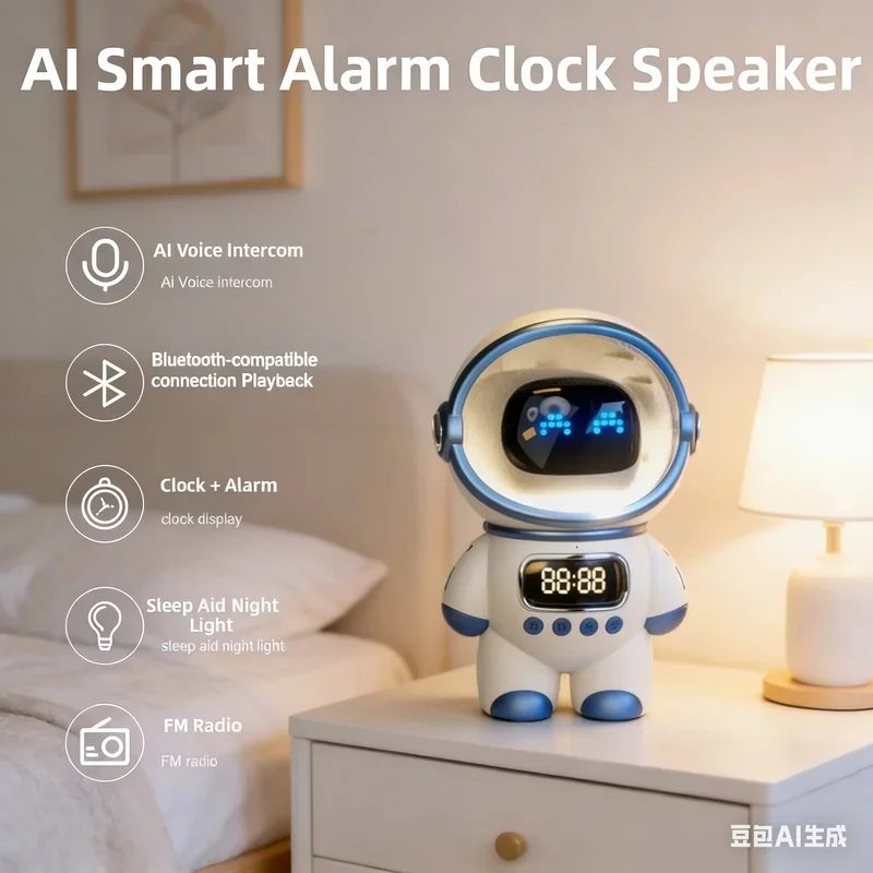 1PC Creative Astronaut Smart AI Robot Speaker, Bluetooth 5.1 EDR Wireless Alarm Clock, AI Intelligent Intercom, FM Radio, TF Car