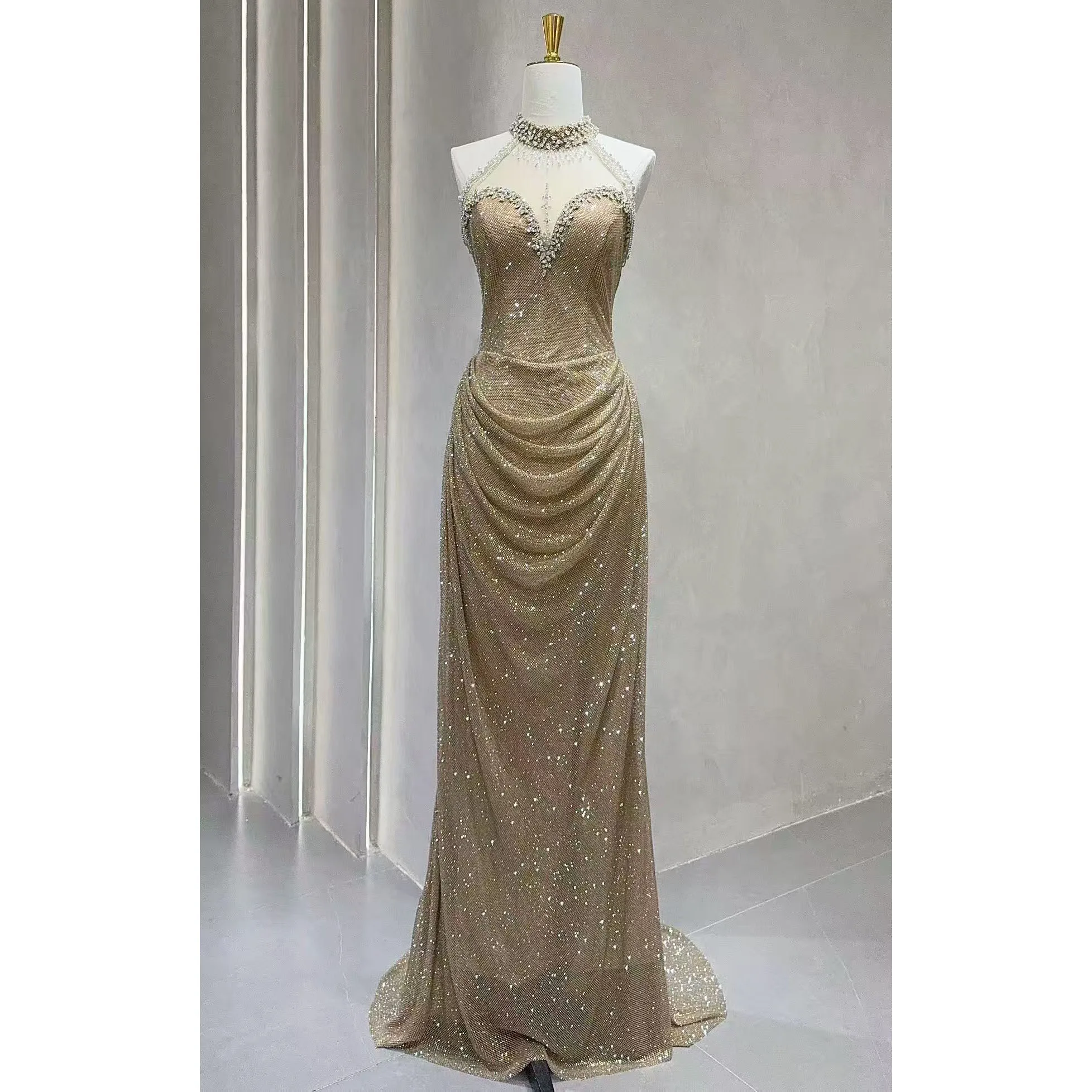 Saudi Arabia Evening Dress Real Pictures Halter Sheer with Beading Mermaid Prom Dress Sweep Train Gold Evening Gowns