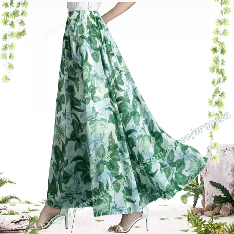 Plue Size 5XL 6XL 7XL 2023 Summer Womens Skirts free shipping Green Leaves Printed Chiffon Slim A-line Women's Long Maxi Skirt