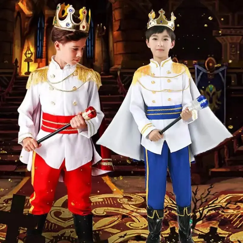 7 Pieces Boys King Carnival Costume Medieval Royal Prince Full Set Outfits for Halloween Birthday Party Fancy Dress Up