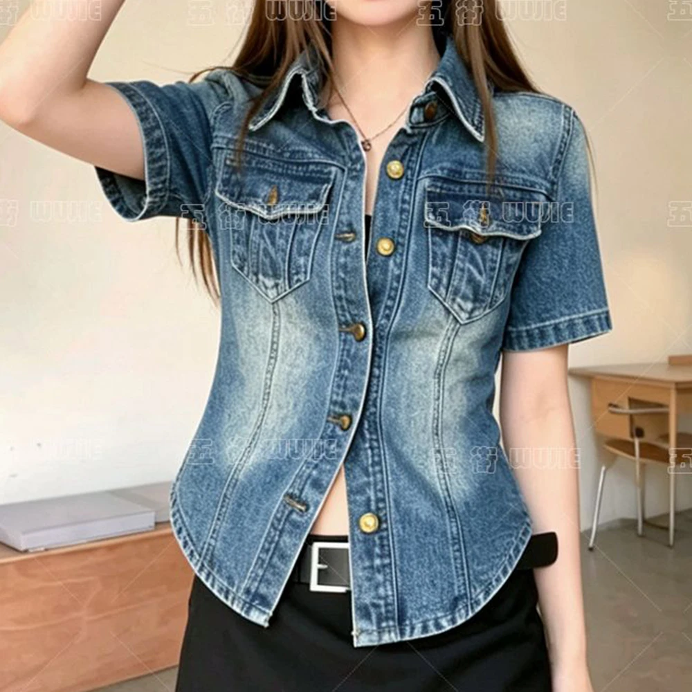 French retro Polo collar short-sleeved denim jacket women's summer 2026 fashion loose single-breasted temperament top