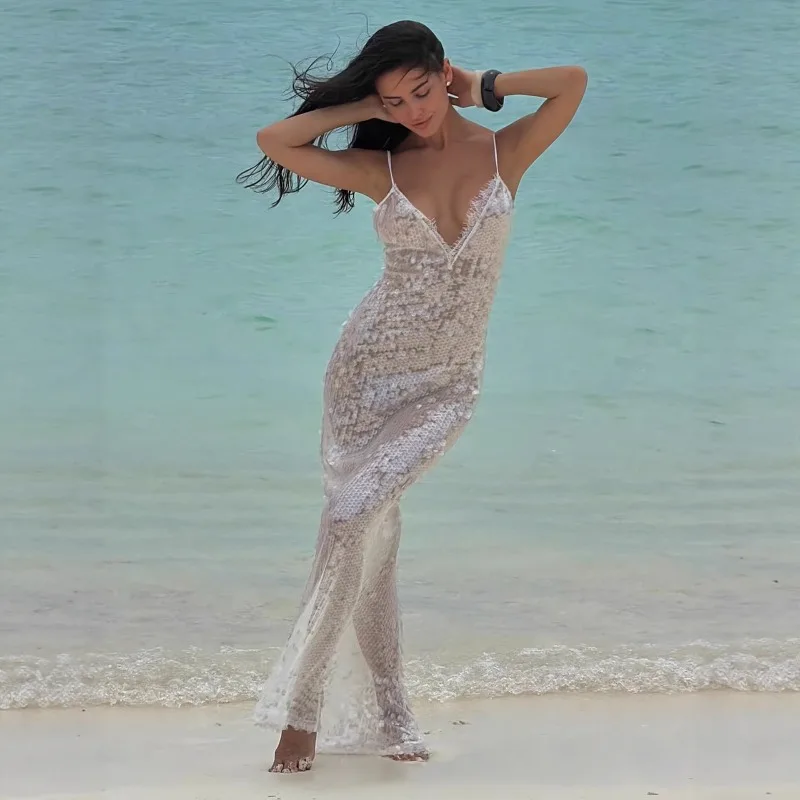 

Sexy Women's Sequin Shinny Beach Dress Spaghetti Strap Slim Hip Package Transparent Maxi Dresses Summer Holiday Lady Sundress