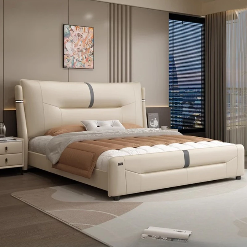 Base de Cama Moderna, Simple, Tapizada, Cómoda, de Lujo Ligero, Color Blanco Crema, para Cama Queen, Muebles de Dormitorio