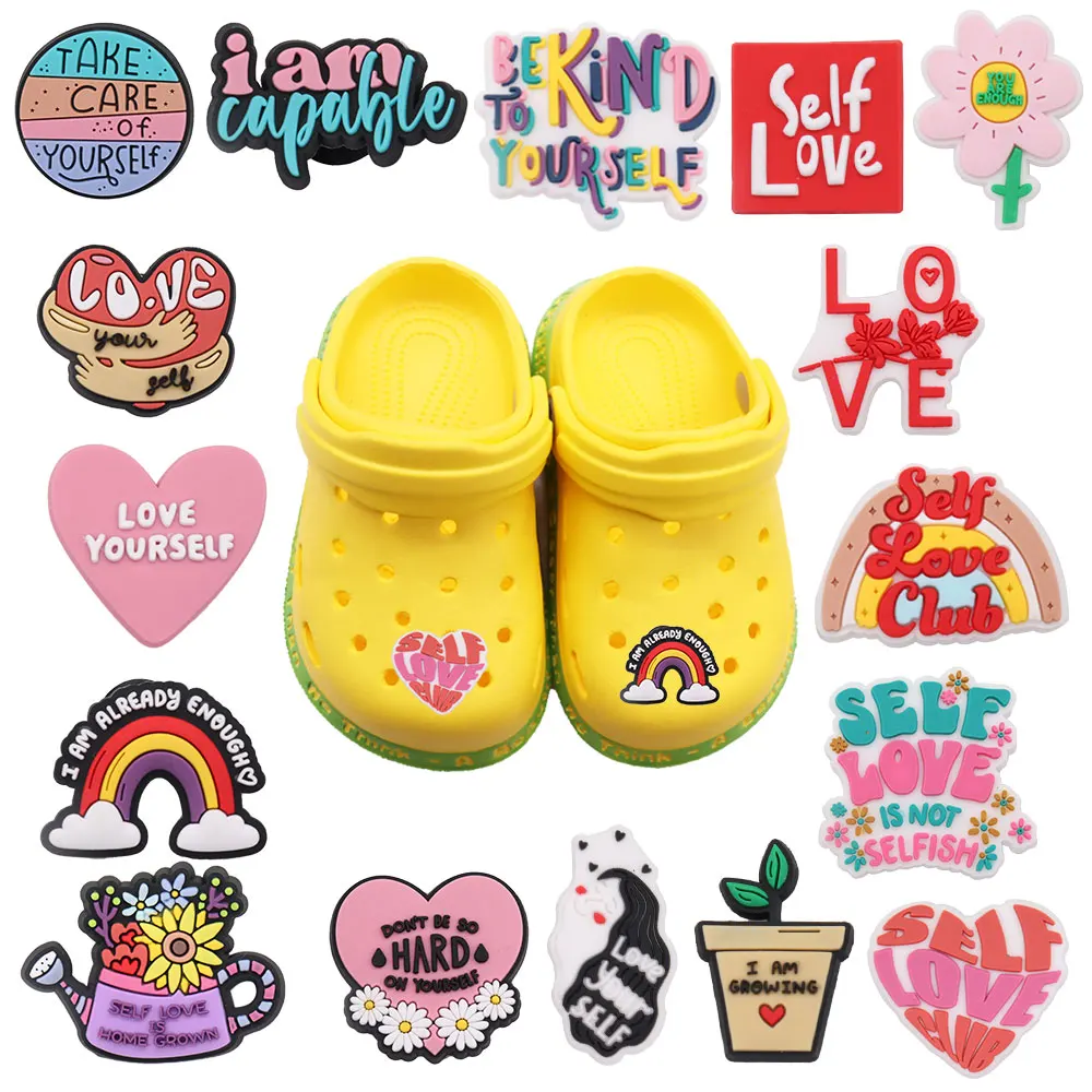 1-16pcs Mix Self Love Club Heart PVC Shoes Decoration I'm Already Enough Charms Fit Woman Clog Party Present