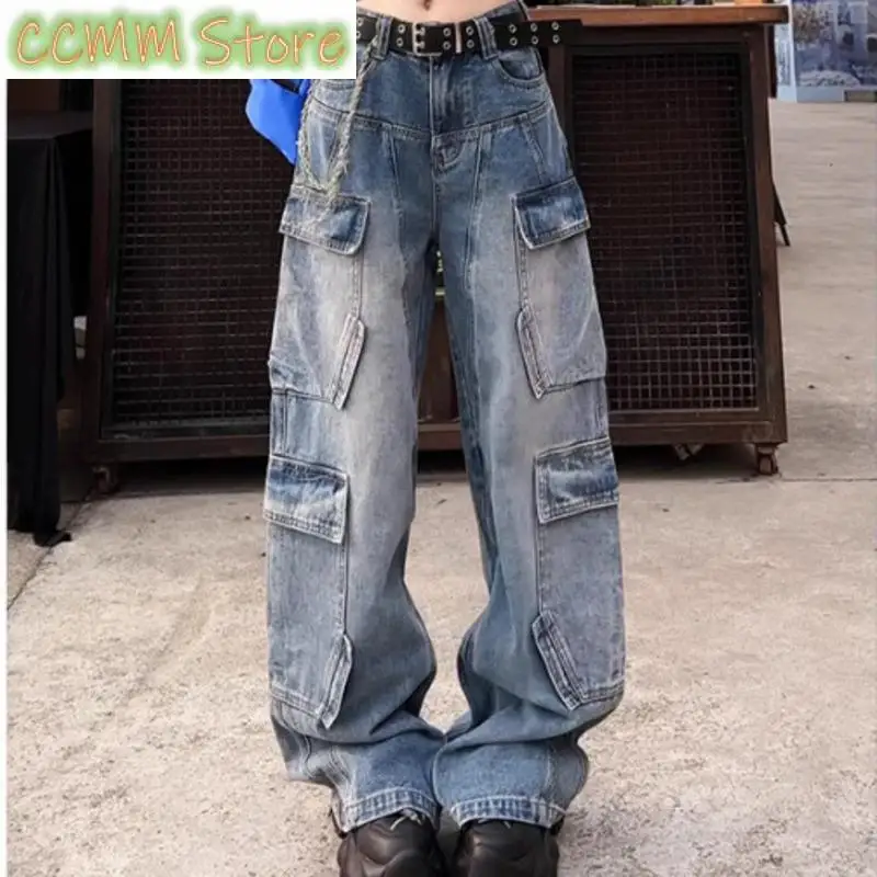 Retro Straight Denim Cargo Jeans Side Pockets Loose Streetwear Wide Leg Jeans Women Hip Hop Long Jeans Female High Waisted