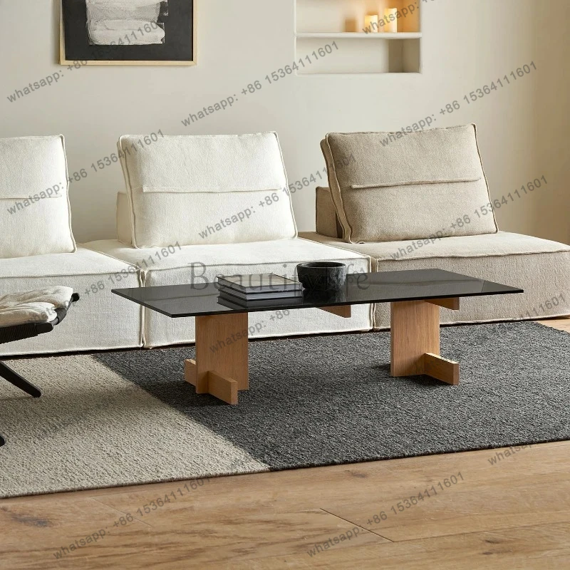 coffee table solid wood Italian minimalist tempered glass countertop modern light luxury designer log