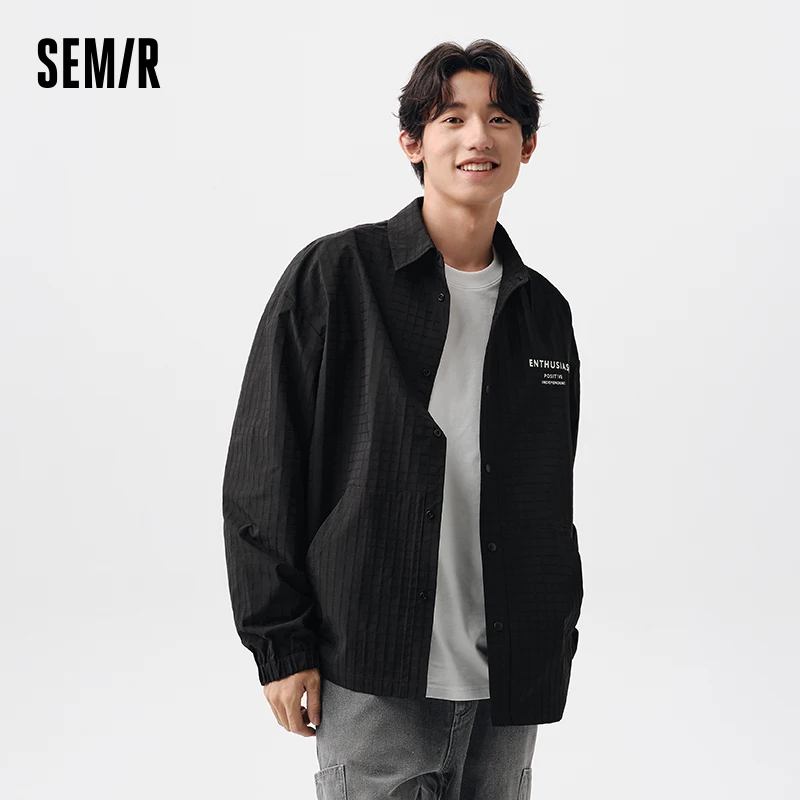 Semir Jacket Men 2024 Spring New Korean Letter Printed Lapel Shirt Jacket Textured Small Plaid Trendy Coats Men