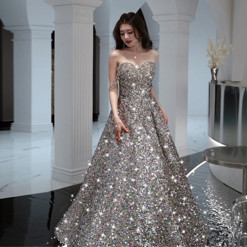 Starry Sequins Evening Dress High Sense Light Luxury Temperament Banquet Dress